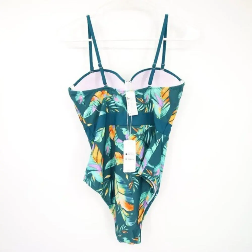 Cupshe Palm Print Green Padded One Piece Swimsuit NWT Tropical Beach Size Small - Picture 8 of 8